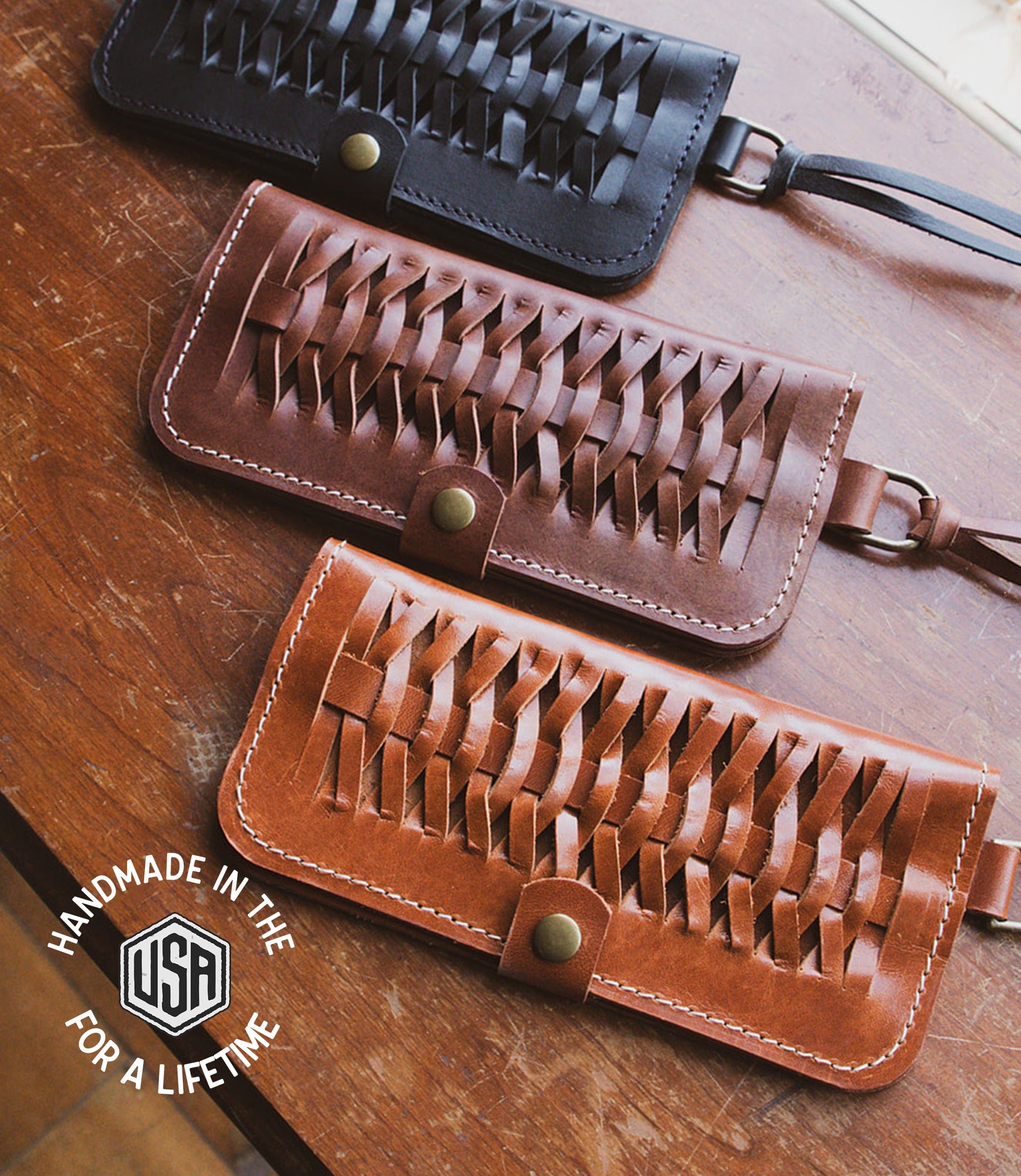 The Local Branch Wallet Caramel Woven Leather Fishtail Wallet - USA Made