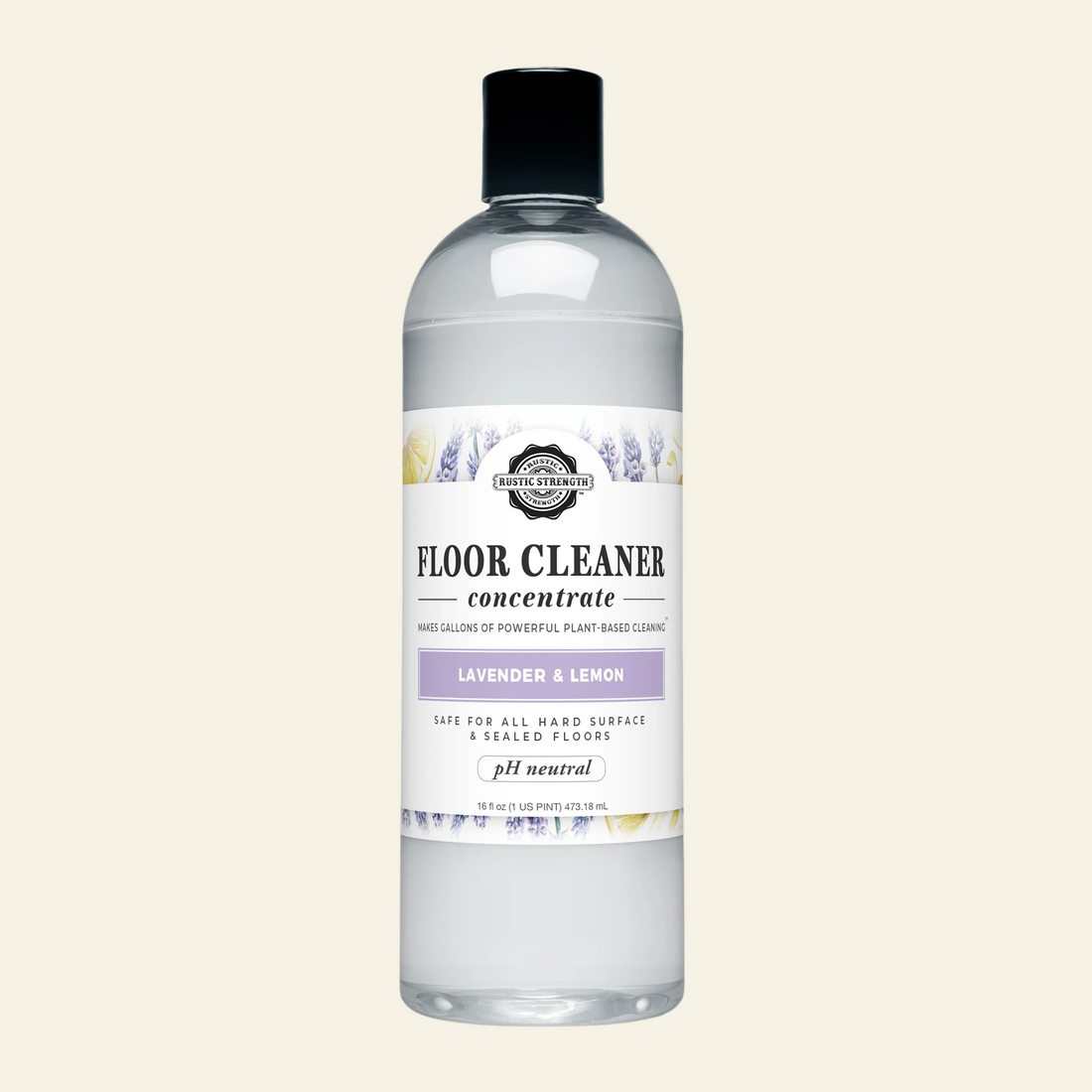 Bottle of floor cleaner concentrate with lavender and lemon scent on a gray background