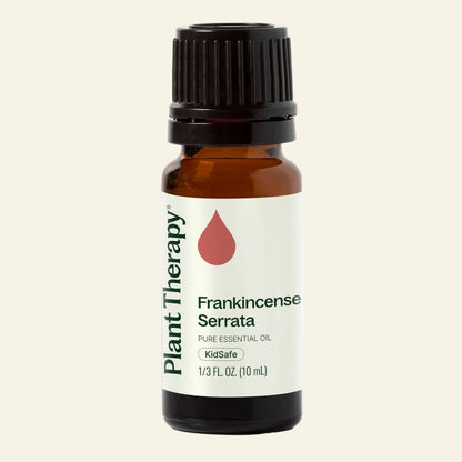Bottle of Plant Therapy Frankincense Serrata essential oil on a white background