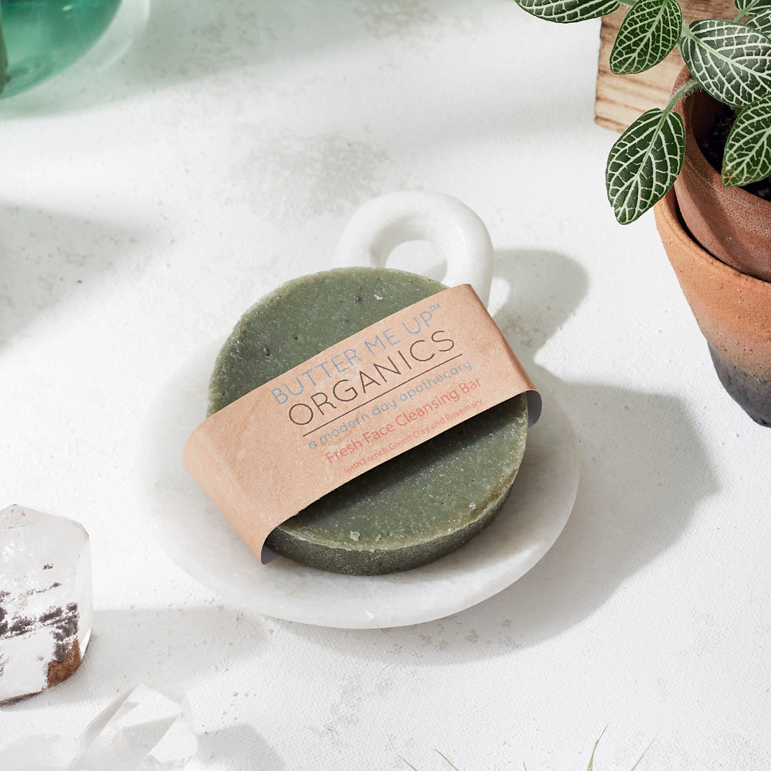 Green soap bar on a white dish with a pink label, surrounded by plants on a light surface.