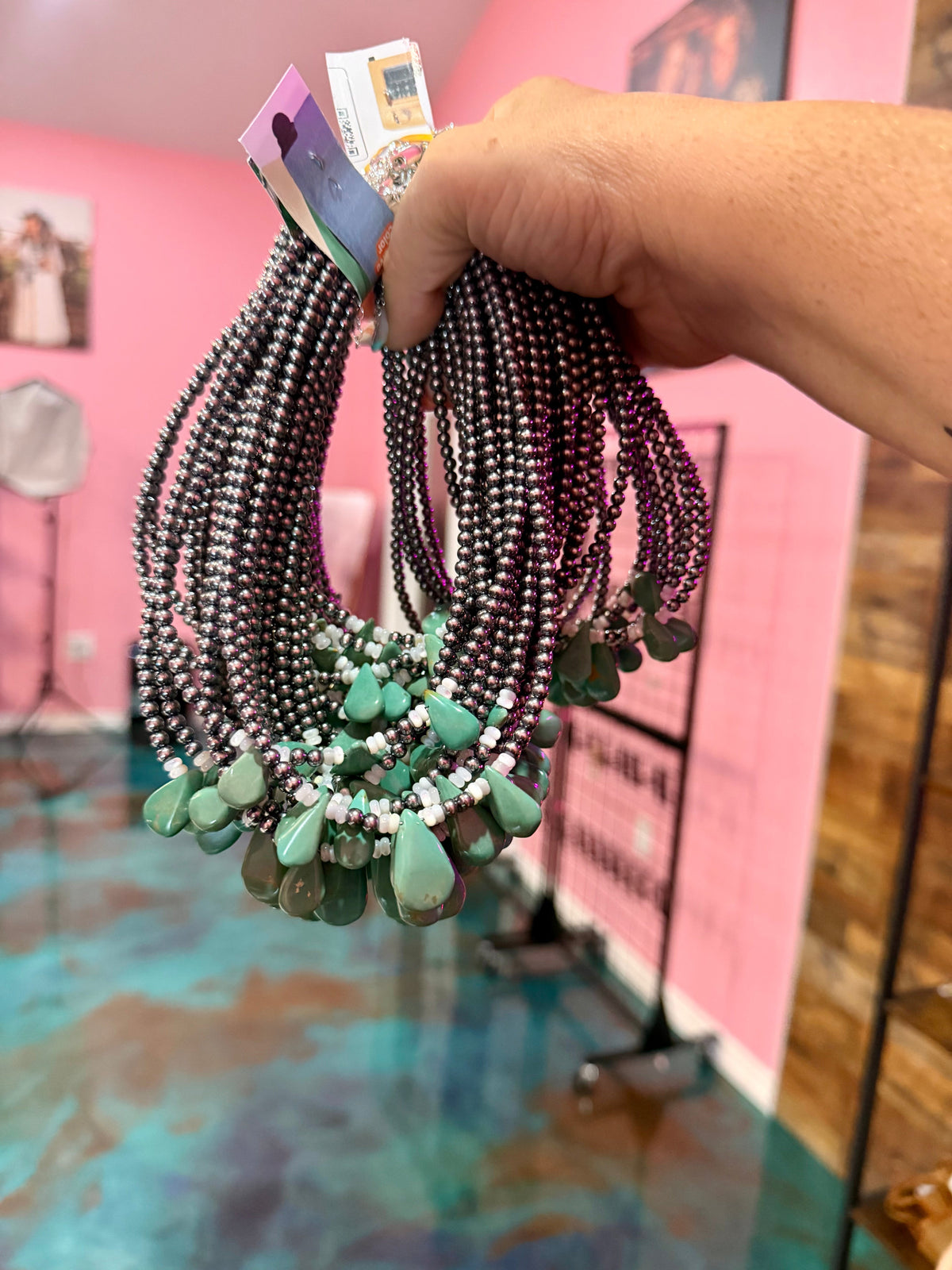 Turquoise Teardrop &amp; Freshwater Pearl Necklace