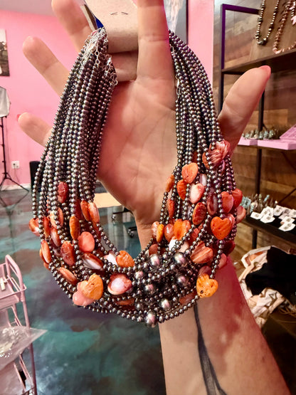 15" Orange-Red Shell Heart &amp; Sterling Silver Pearl Necklace