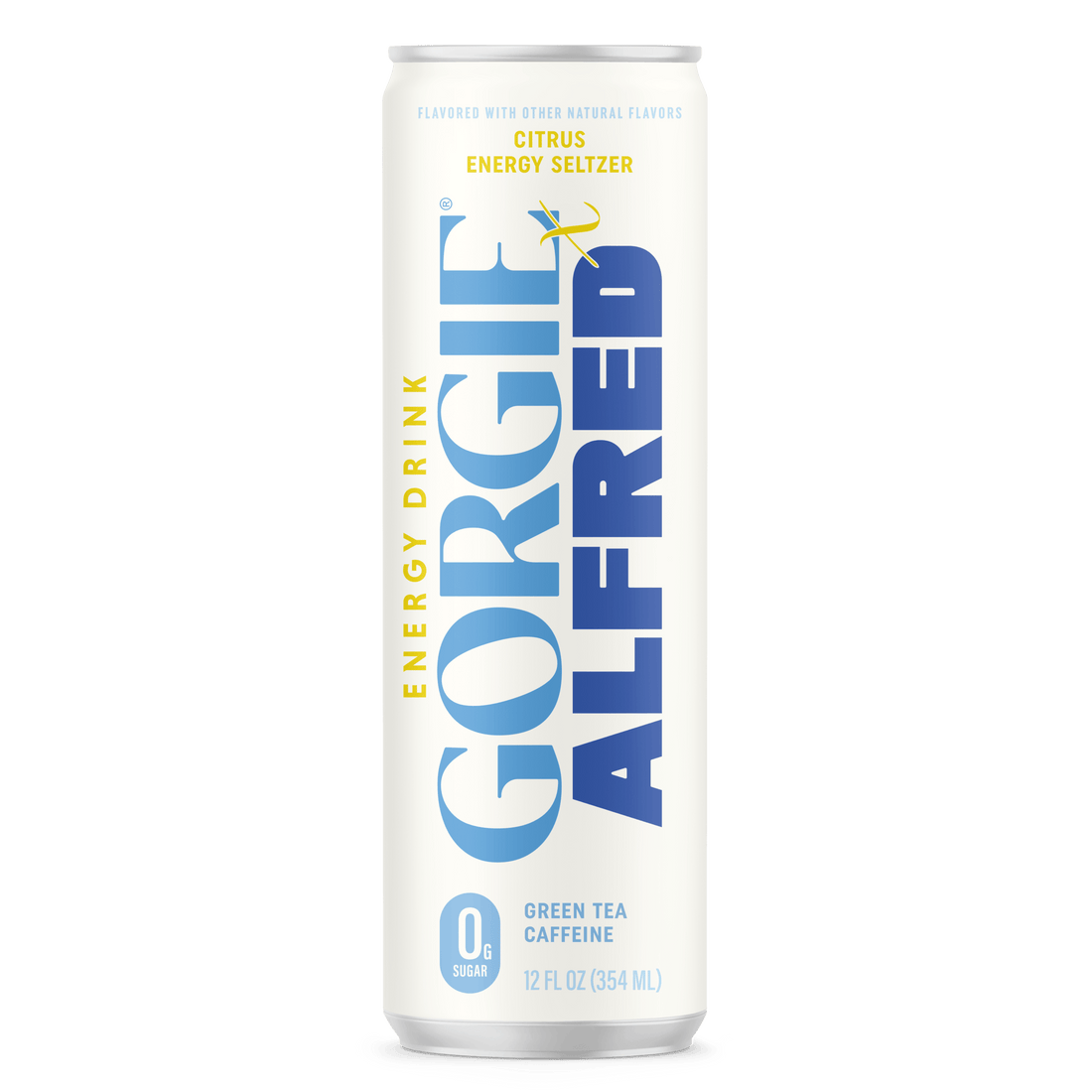 Gorgie Alfred energy drink can on a green background