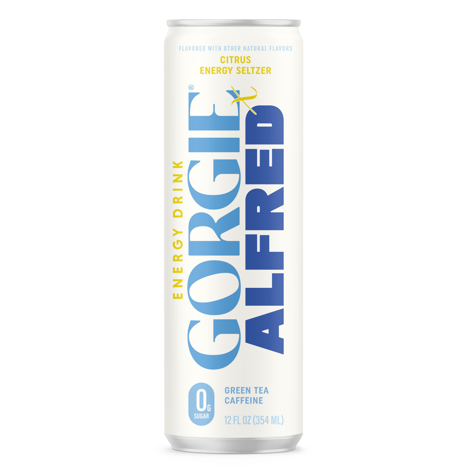 Gorgie Alfred energy drink can on a green background