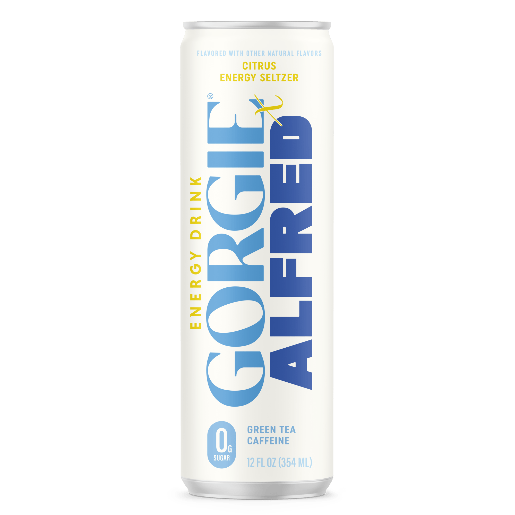 Gorgie Alfred energy drink can on a green background