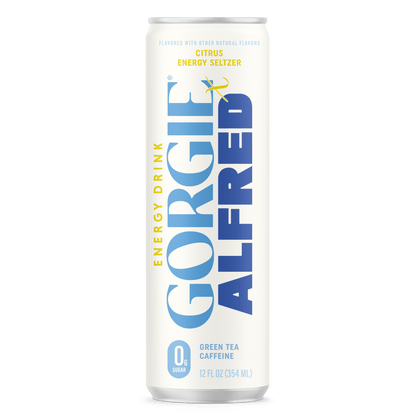 Gorgie Alfred energy drink can on a green background