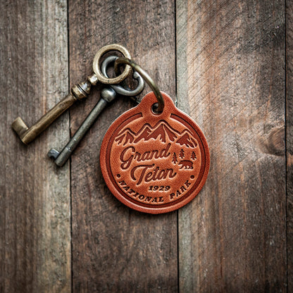 Grand Teton National Park Leather Keychain Circle Style