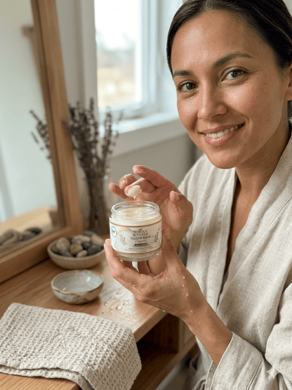 Woman in a bathrobe holding a jar of body scrub in a home setting.