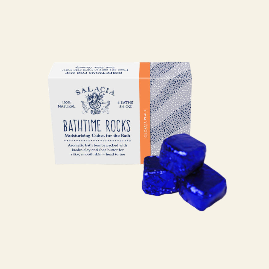 Salacia Bathtime Rocks packaging with blue bath bombs on a white background