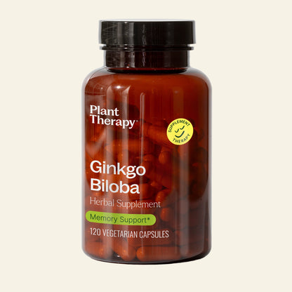 Bottle of Plant Therapy Ginkgo Biloba herbal supplement on a white background