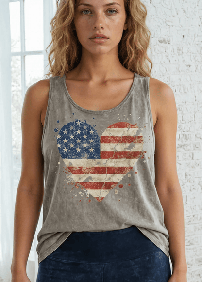 Crazy Cozy Cool Sleeveless Tops and Tanks Mineral Washed Cotton USA Flag Heart Graphic Tank Top Made in USA