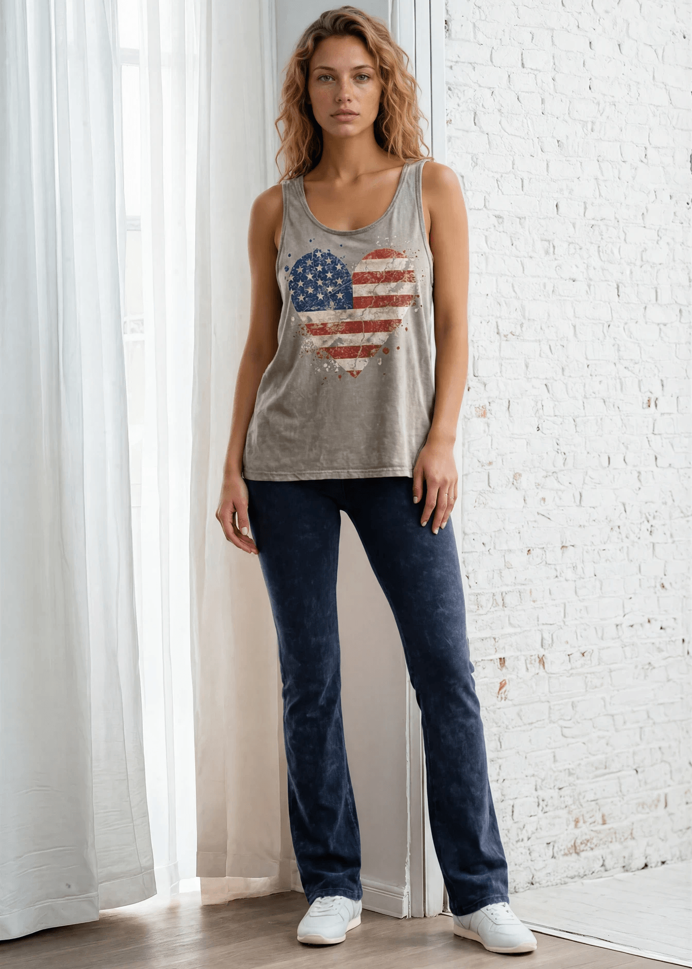 Crazy Cozy Cool Sleeveless Tops and Tanks Mineral Washed Cotton USA Flag Heart Graphic Tank Top Made in USA