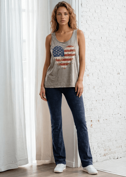 Crazy Cozy Cool Sleeveless Tops and Tanks Mineral Washed Cotton USA Flag Heart Graphic Tank Top Made in USA