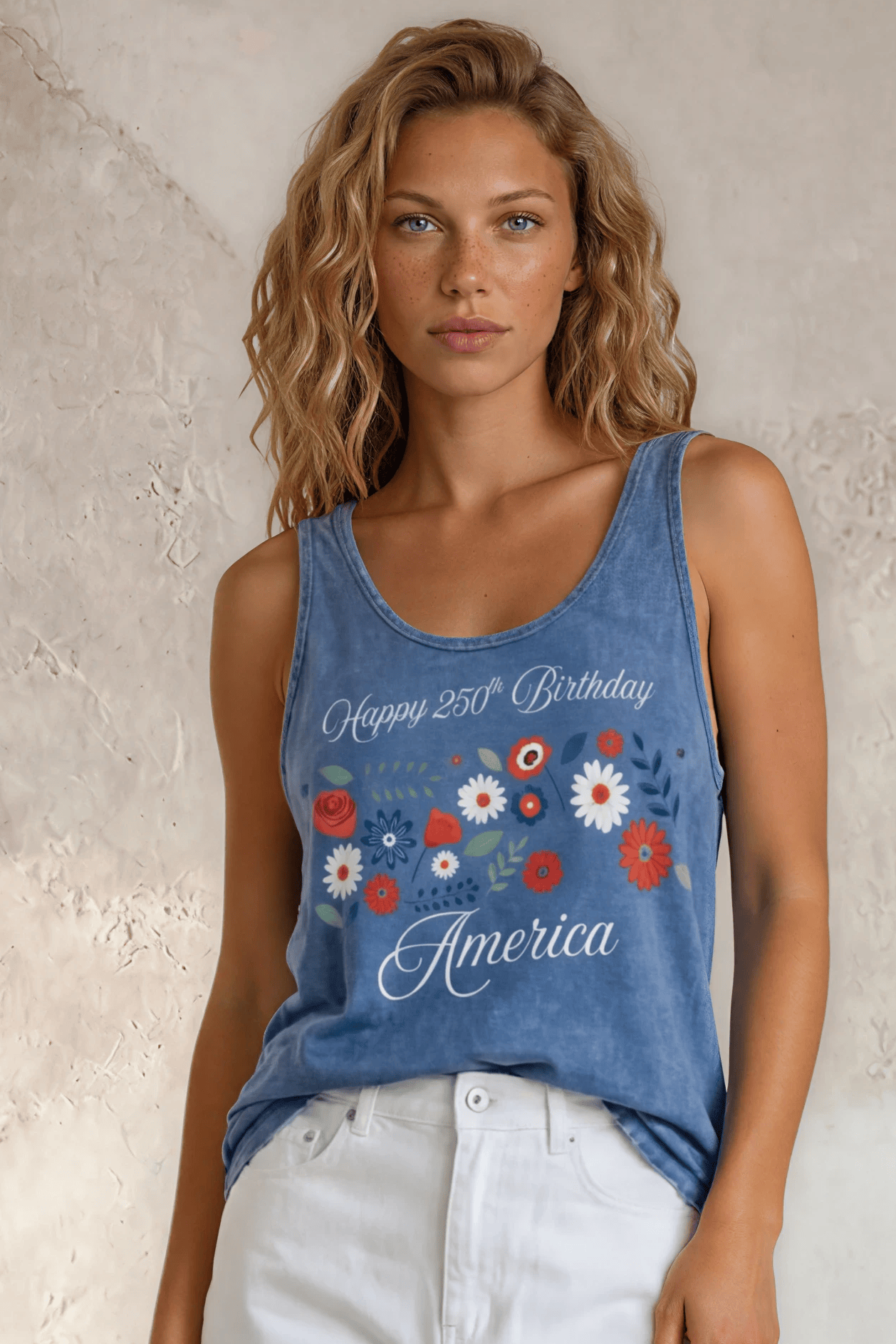 Crazy Cozy Cool Sleeveless Tops and Tanks Happy 250th Birthday America Tank Top | Light Denim