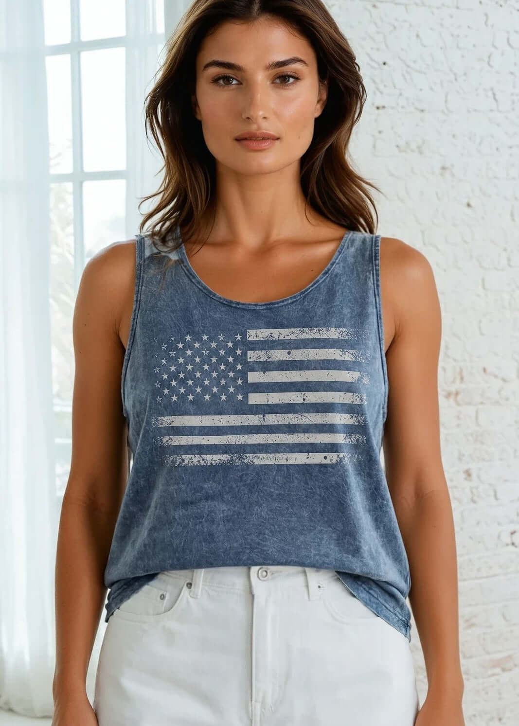 Classy Cozy Cool Sleeveless Tops and Tanks Dark Grey Blue Denim / DISTRESSED AMERICAN FLAG / Small Distressed American Flag Graphic Premium Cotton Tank Vintage Wash
