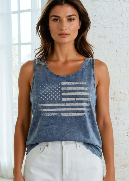 Classy Cozy Cool Sleeveless Tops and Tanks Dark Grey Blue Denim / DISTRESSED AMERICAN FLAG / Small Distressed American Flag Graphic Premium Cotton Tank Vintage Wash
