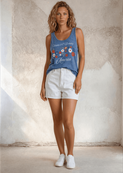 Crazy Cozy Cool Sleeveless Tops and Tanks Happy 250th Birthday America Tank Top | Light Denim