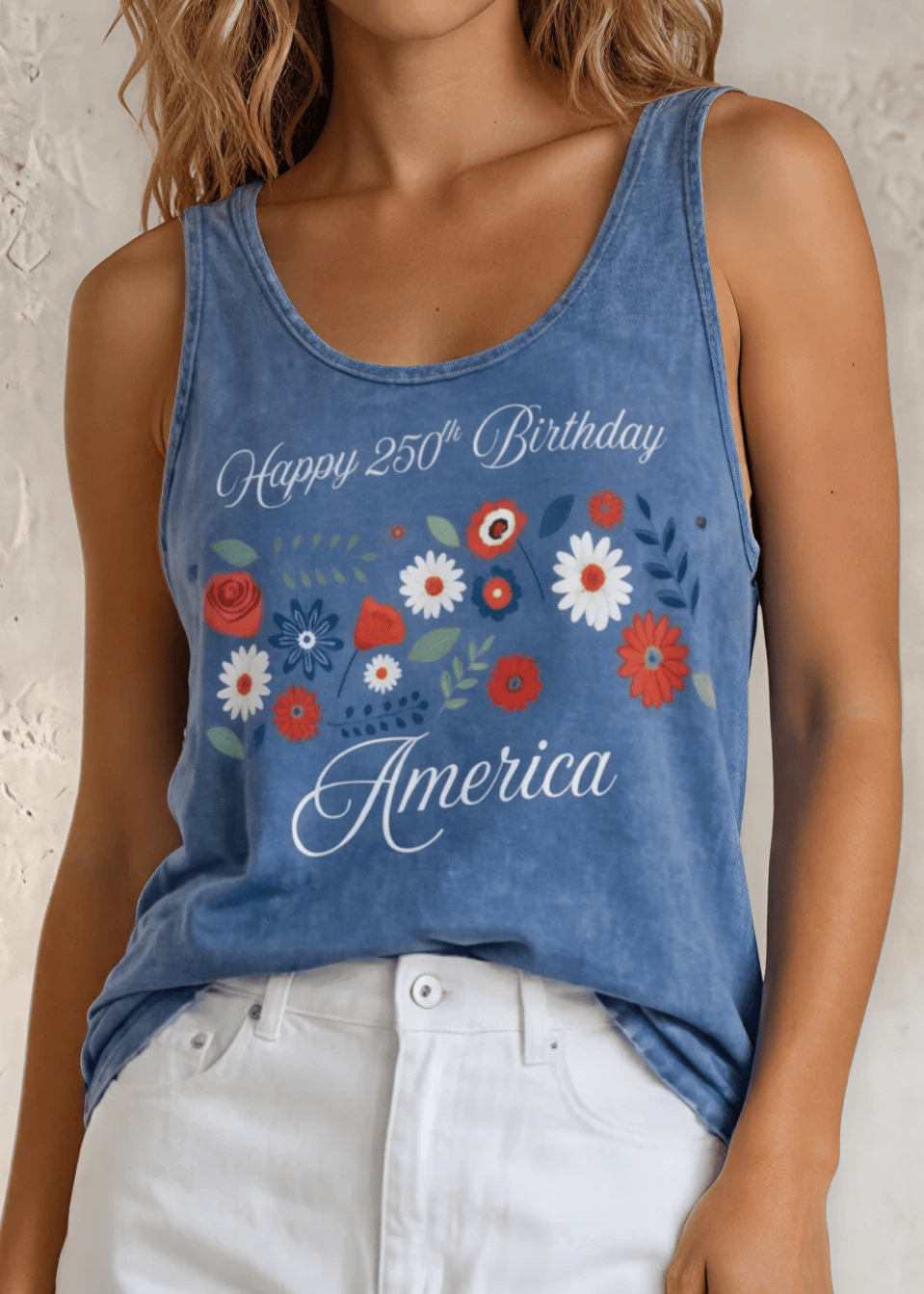 Crazy Cozy Cool Sleeveless Tops and Tanks Light Denim / Happy 250 Birthday / Small Happy 250th Birthday America Tank Top | Light Denim