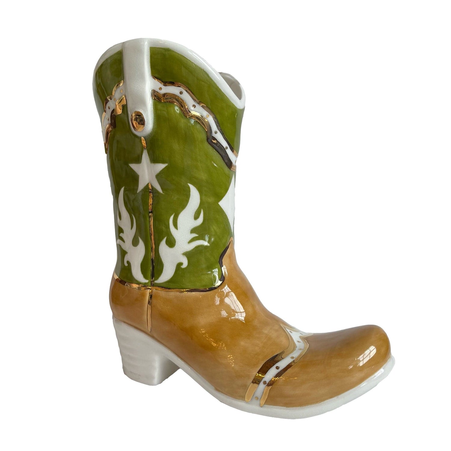 Ruby Clay Company Martini Green Two Tone Monogrammed Cowboy Boot Vase