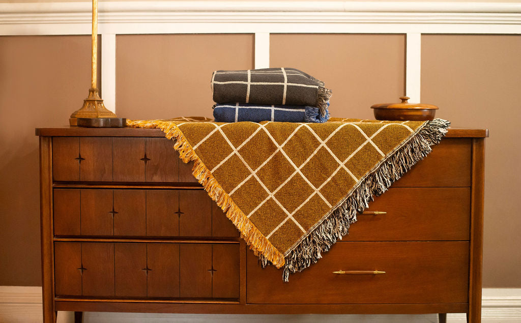 Greer Acorn Golden Brown Grid Cotton Throw Blanket