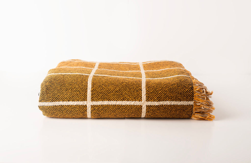 Greer Acorn Golden Brown Grid Cotton Throw Blanket