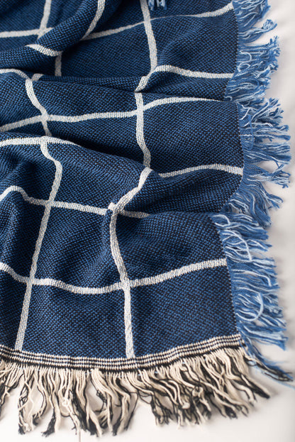 Greer Lapis Blue Grid Cotton Throw Blanket