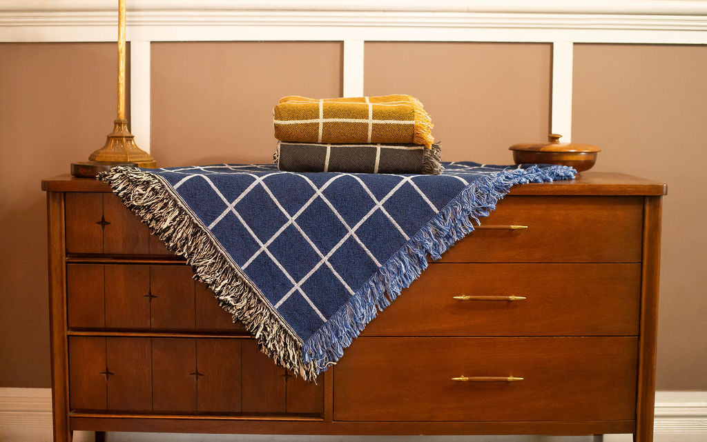 Greer Lapis Blue Grid Cotton Throw Blanket
