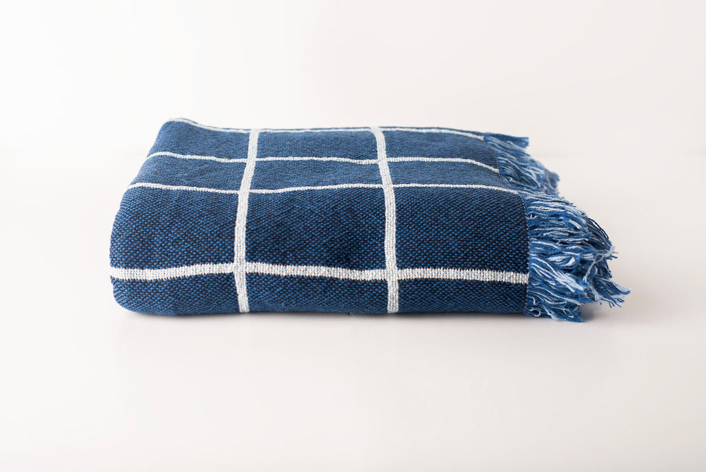 Greer Lapis Blue Grid Cotton Throw Blanket