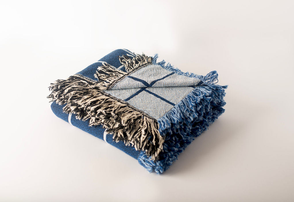 Greer Lapis Blue Grid Cotton Throw Blanket