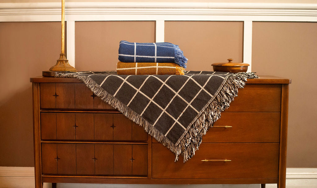 Greer Nocturne Charcoal Grid Cotton Throw Blanket