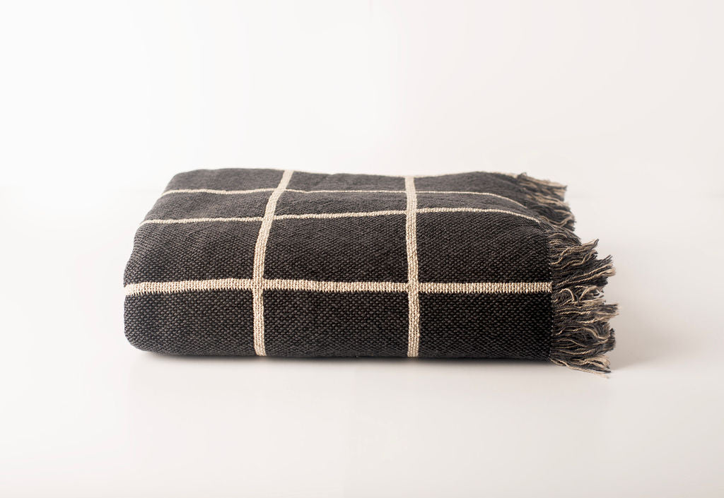 Greer Nocturne Charcoal Grid Cotton Throw Blanket