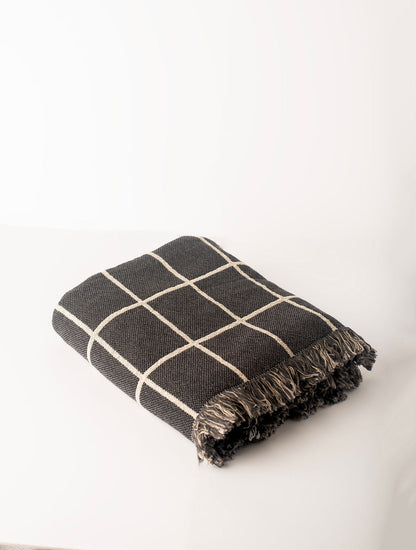 Greer Nocturne Charcoal Grid Cotton Throw Blanket