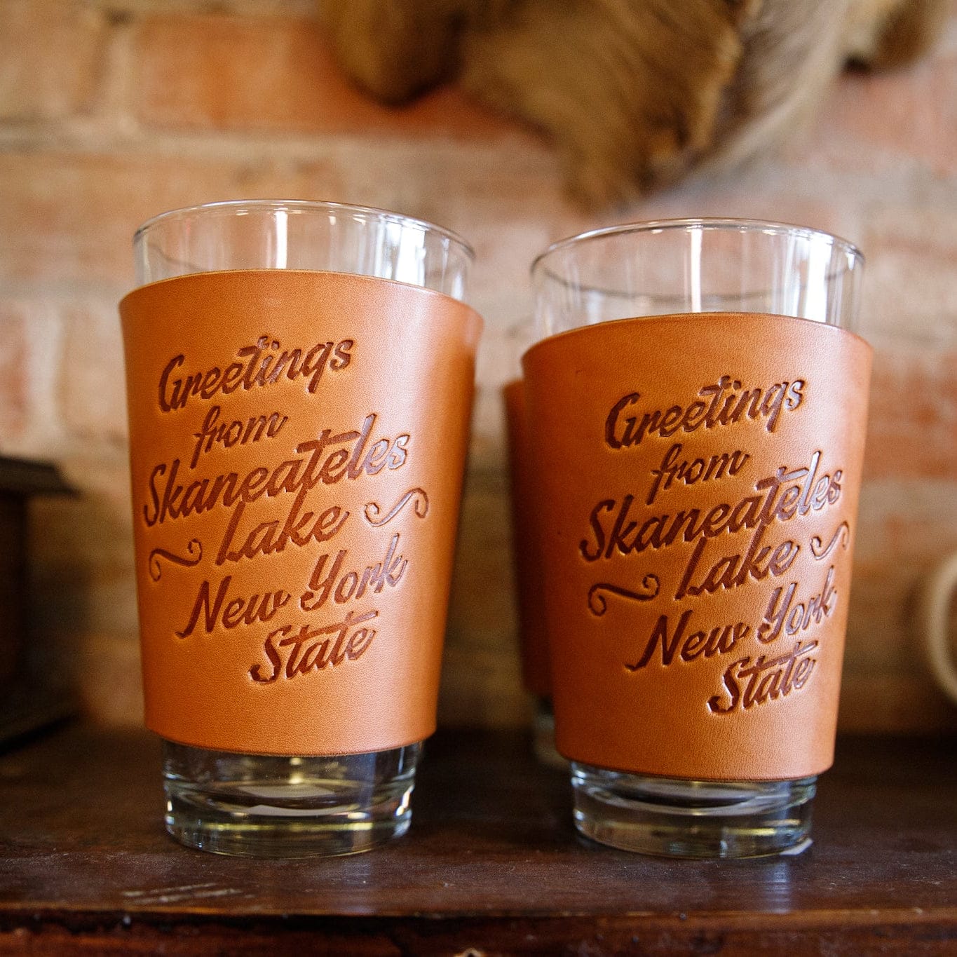 The Local Branch Leather Greetings / Caramel Leather Pint Glass  - USA Made