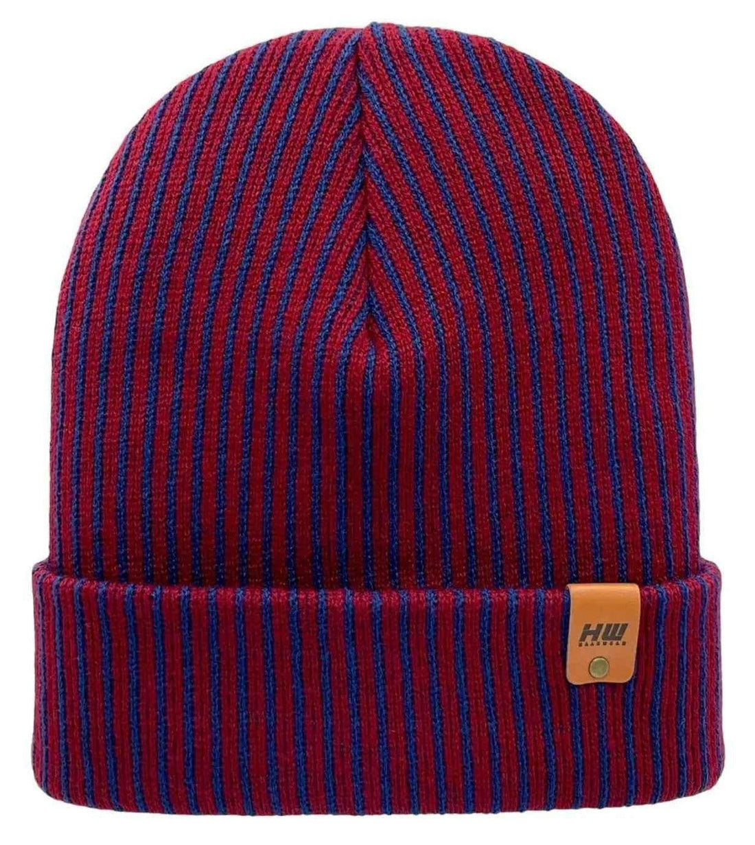 Cuffed Wide Ribbed Striped Beanie, Contrast, Blue and Maroon, Classic Beanie