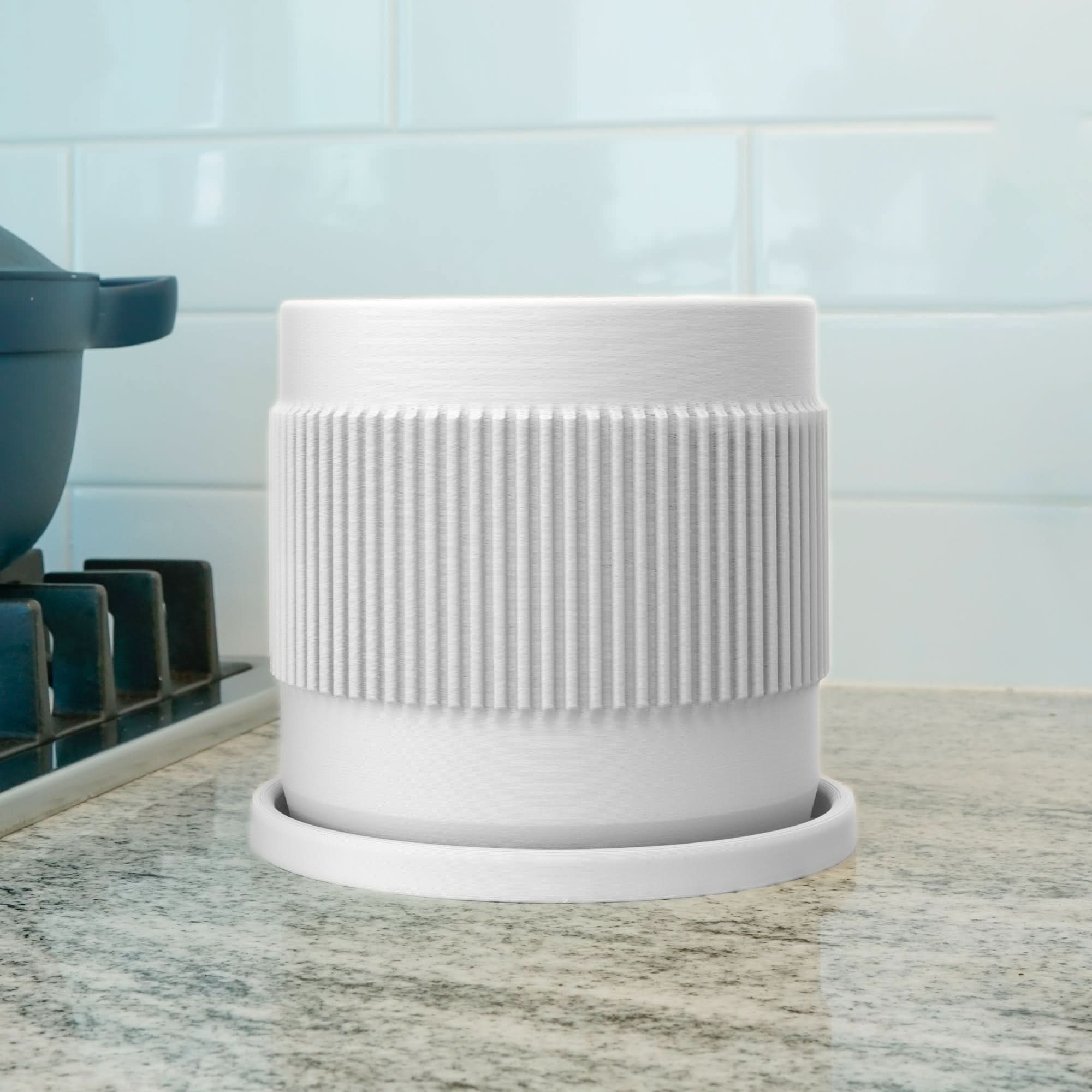 Rosebud HomeGoods White / 4 Inch - No Tray Half Mid-Century Ribbed Planter with Drainage and Saucer