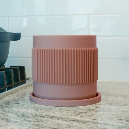 Half Mid-Century Ribbed Planter with Drainage and Saucer - My American Goods