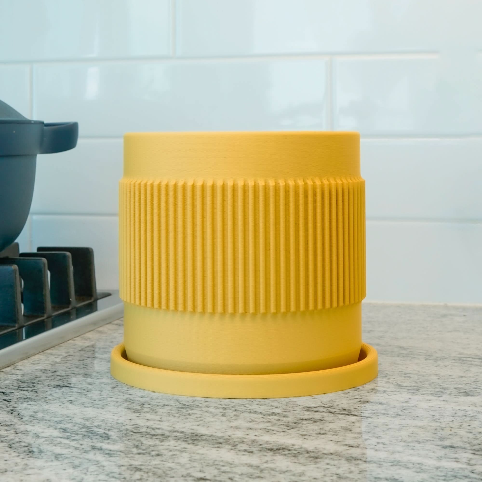Rosebud HomeGoods Mustard / 4 Inch - No Tray Half Mid-Century Ribbed Planter with Drainage and Saucer
