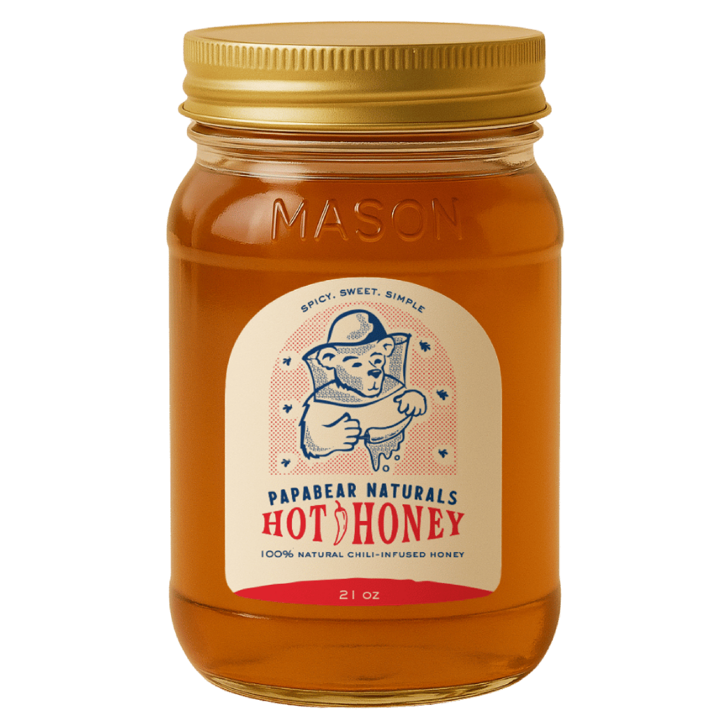 Jar of Papabear Naturals Hot Honey with a gold lid on a white background