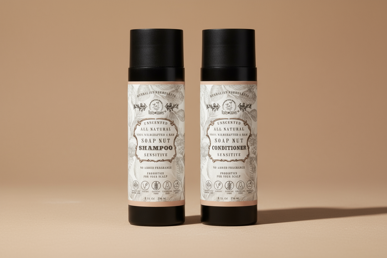 Two bottles of soap nut shampoo and conditioner on a white background