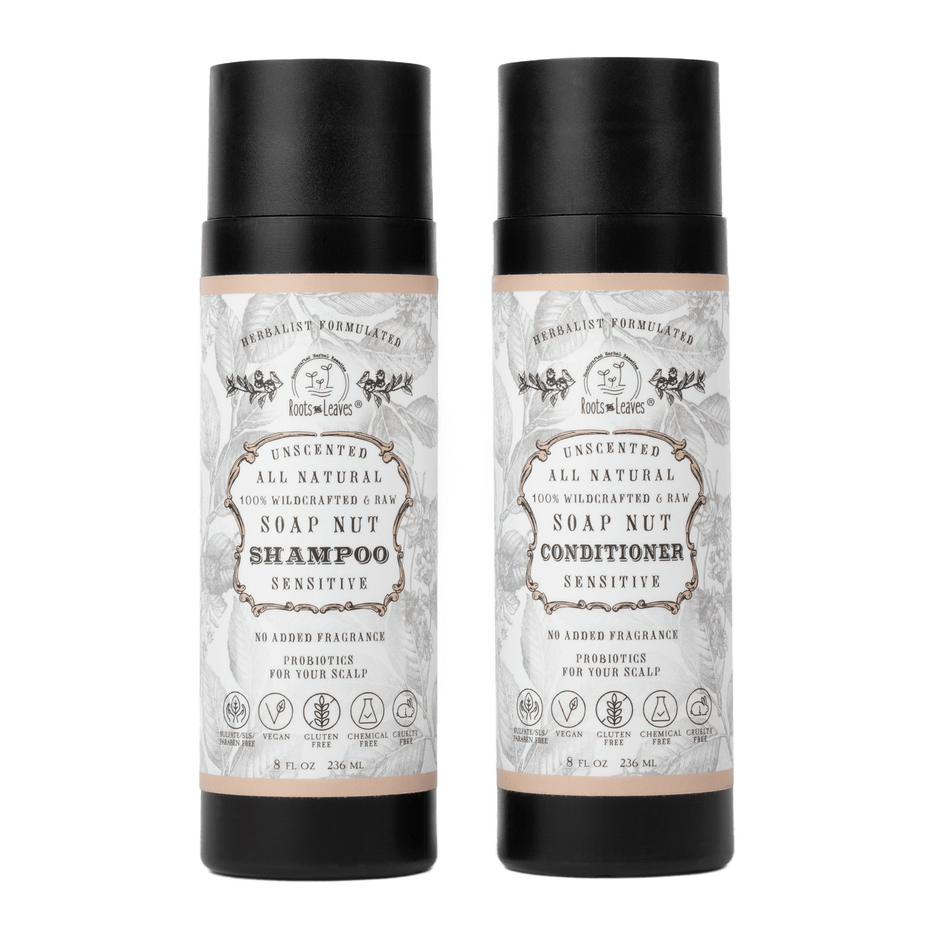 Two bottles of soap nut shampoo and conditioner on a light green background