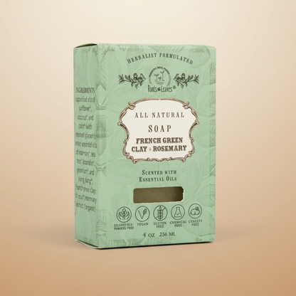 Box of all-natural soap with green packaging on a beige background