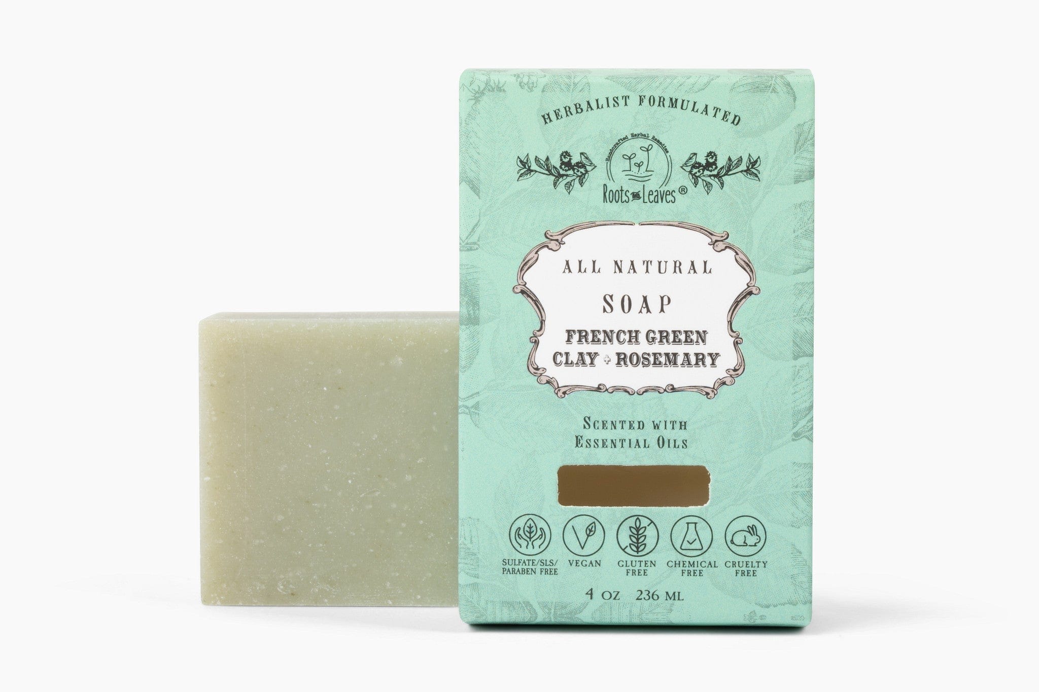 Roots and Leaves, LLC Organic Vegan French Green Clay + Rosemary Bar Soap