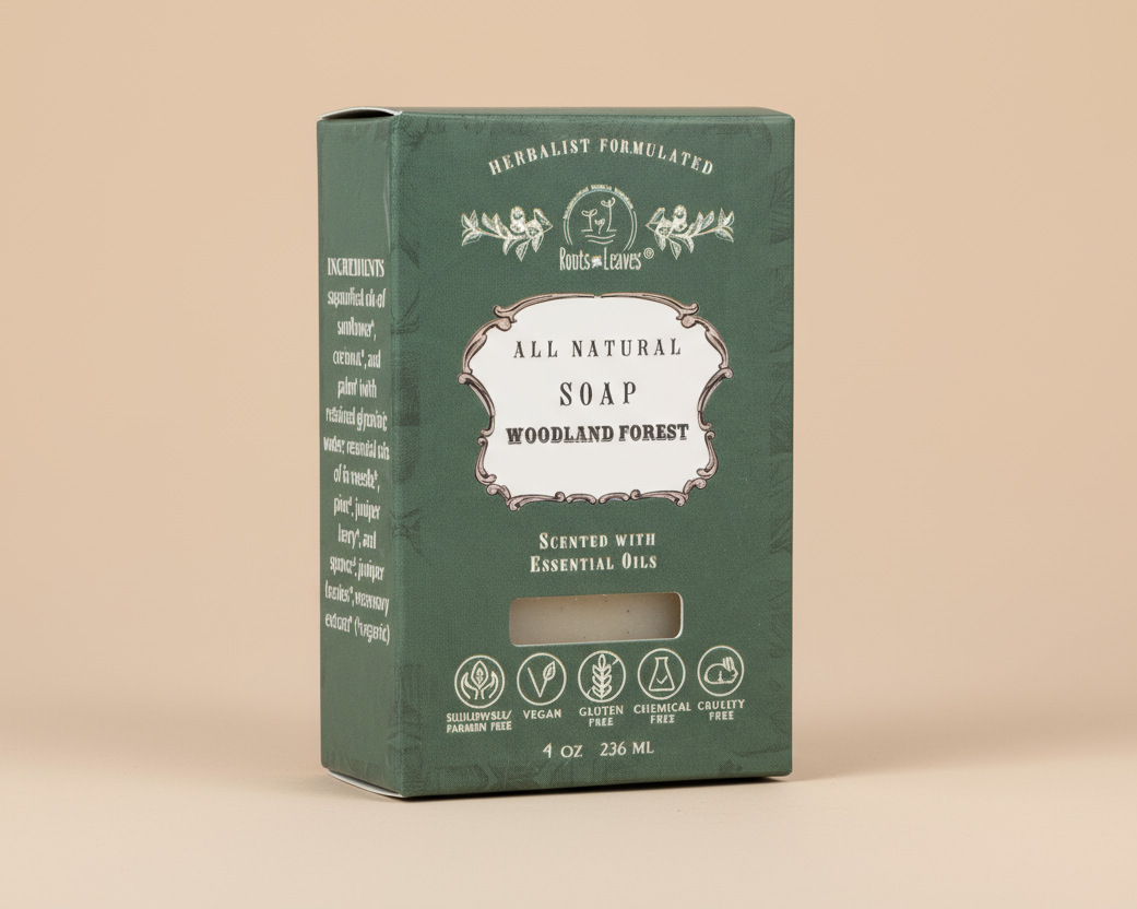 Box of all natural soap from Woodland Forest on a white background
