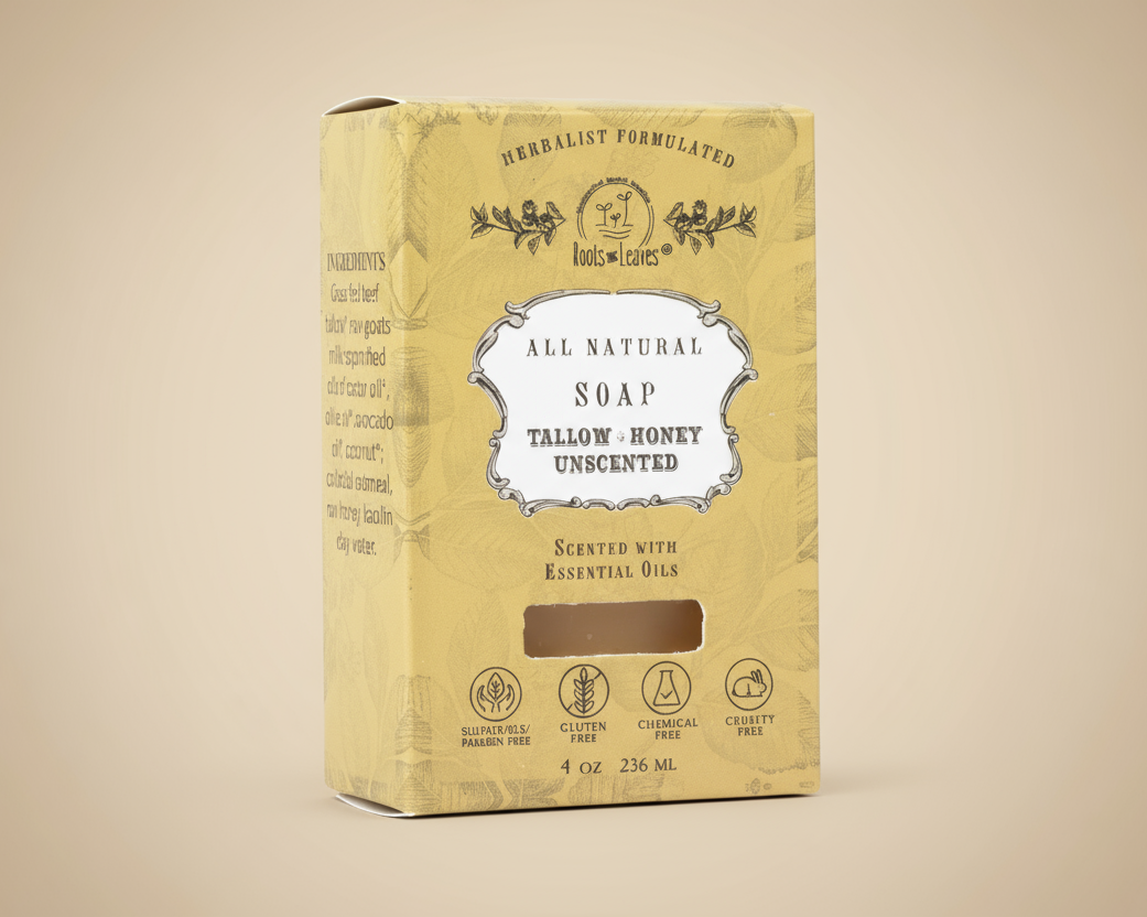 Box of all natural soap with branding and product details on a white background