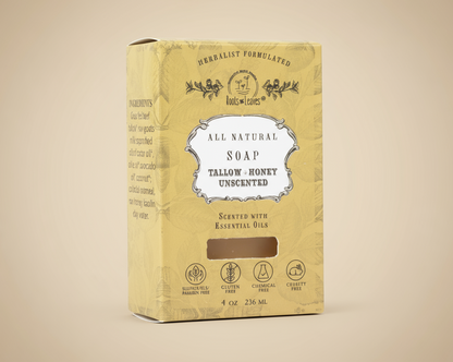 Box of all natural soap with branding and product details on a white background