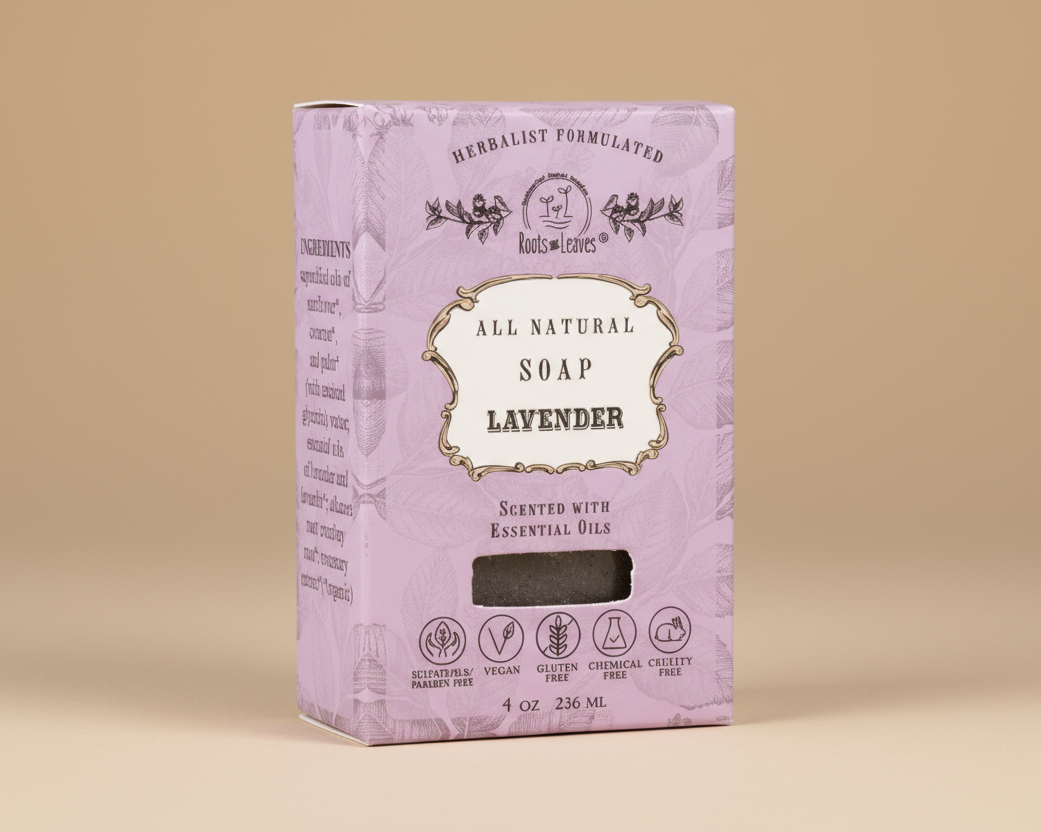 Box of all natural lavender soap on a white background