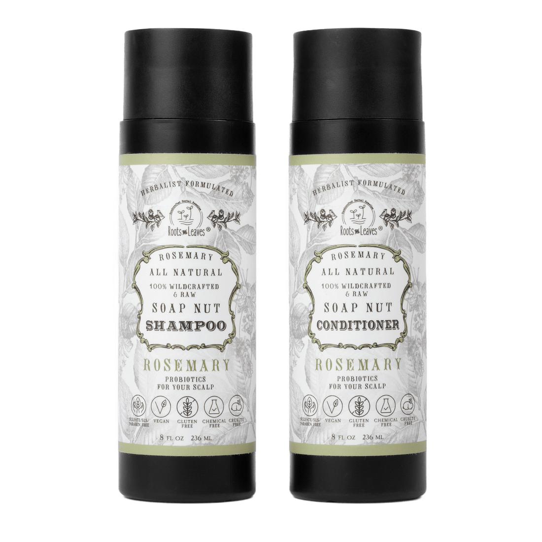 Two black cylindrical bottles of Rosemary All Natural Soap Nut Shampoo and Soap Nut Conditioner with white labels, shown side by side on a white background.