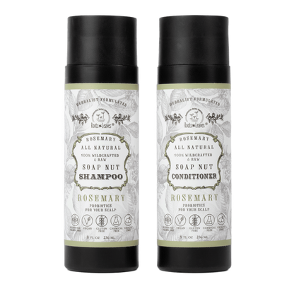 Two black cylindrical bottles of Rosemary All Natural Soap Nut Shampoo and Soap Nut Conditioner with white labels, shown side by side on a white background.