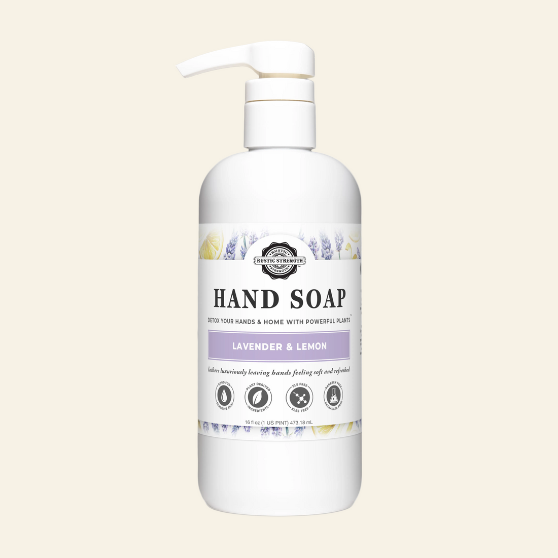Hand soap bottle with lavender and lemon scent on a gray background