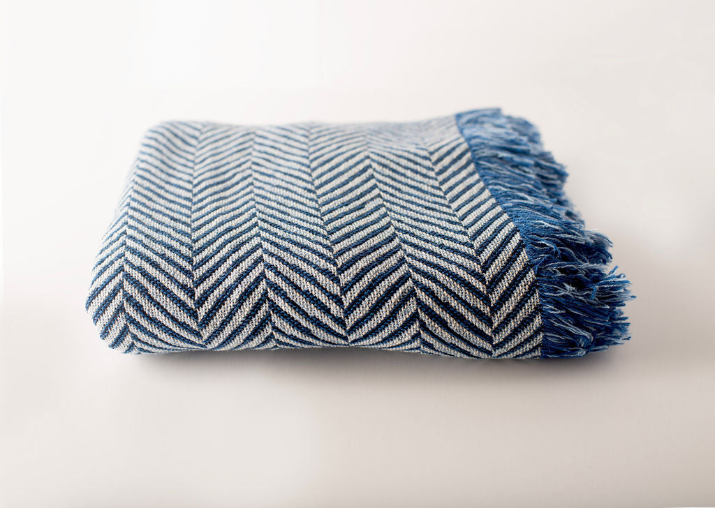 Henry Chambray Blue Herringbone Cotton Throw Blanket